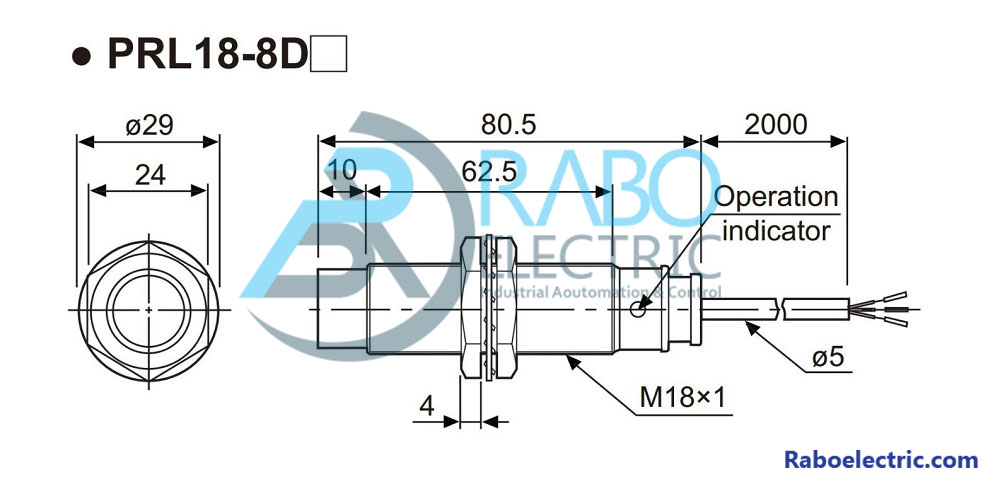 ابعاد سنسور PRL18-8DN  آتونیکس